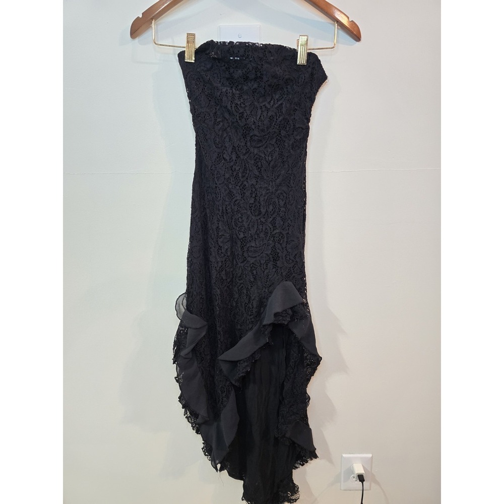 Whimsigoth Black Lace High-Low Dress XS Strapless Asymmetrical Witchy‎ Goth Y2K